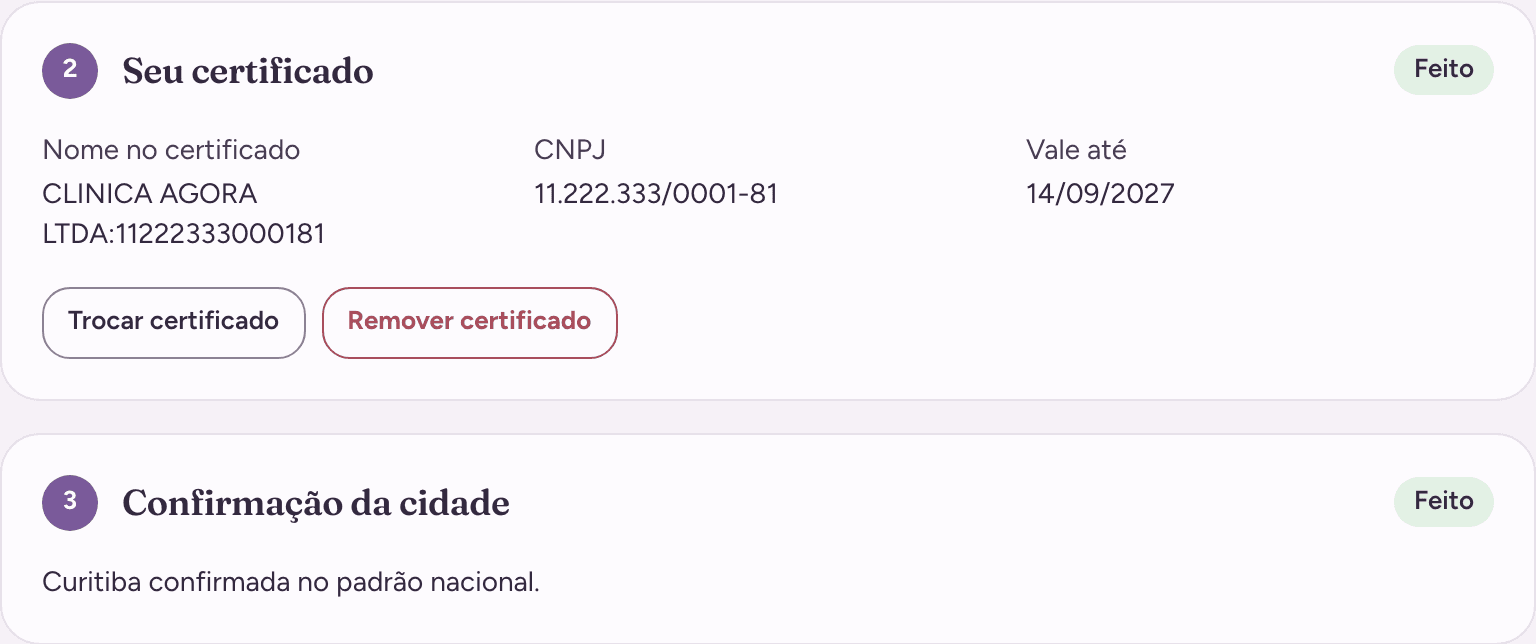 Certificado guardado, com o nome da empresa, o CNPJ e a validade, e o passo da cidade feito: Curitiba confirmada no padrão nacional.